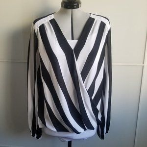 Black & White Striped Surplice Blouse INC